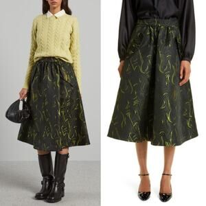 Max Mara Cellula Logo Embroidered Jacquard Skirt Size 12 Black Green NWT‎